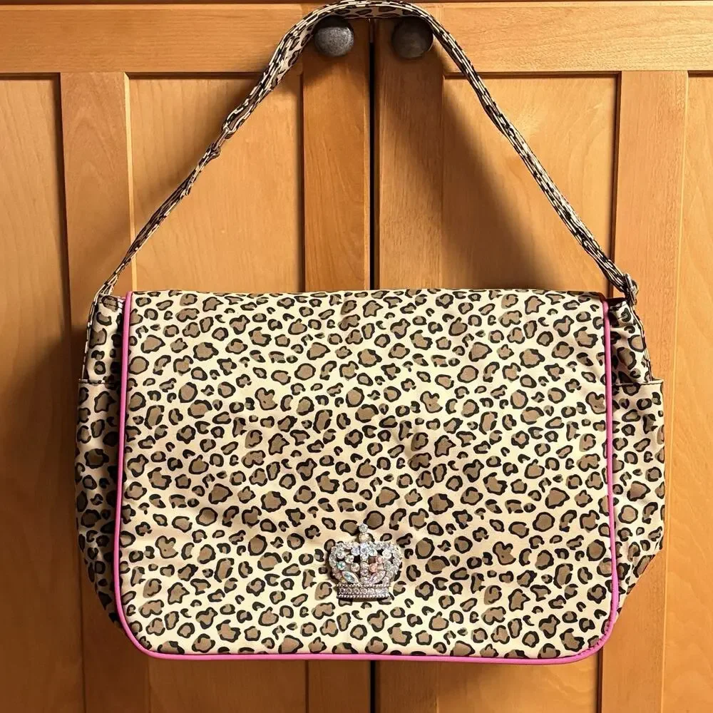 My Vintage Baby Diaper Bag Leopard Print Brown/Black/Hot Pink w/ Crystal Crown